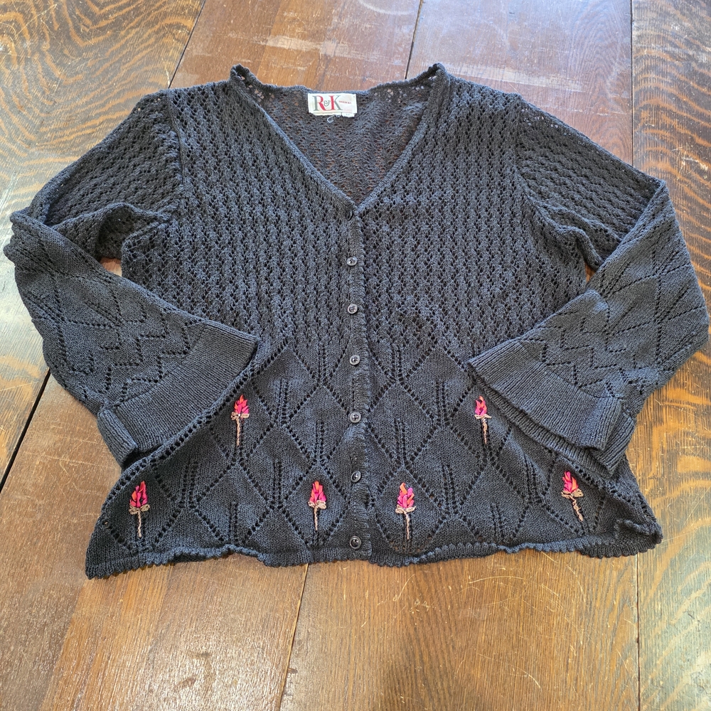 R&K Cottagecore Black Knit Cardigan with Floral Accents‎ - Size 12